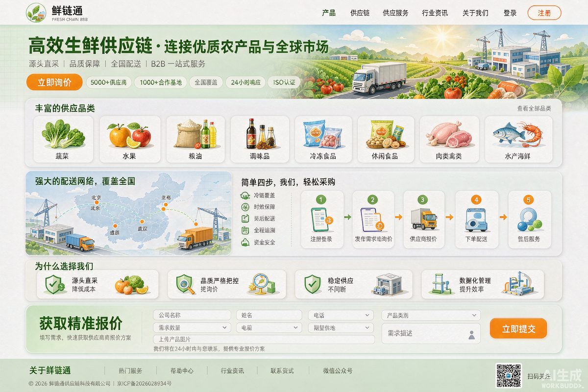生鲜供应链站网站效果示意图 — 农业食品行业「高效 · B 端」官网模板