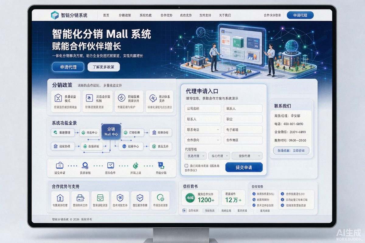 分销商城系统页网站效果示意图 — 电商零售行业「B 端 · 系统化」官网模板