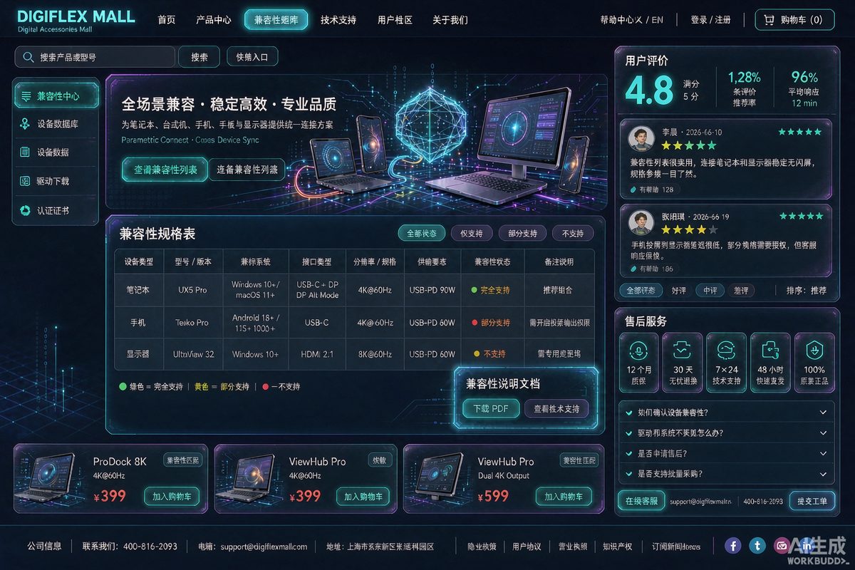 数码配件商城站网站效果示意图 — 电商零售行业「科技 · 参数化」官网模板