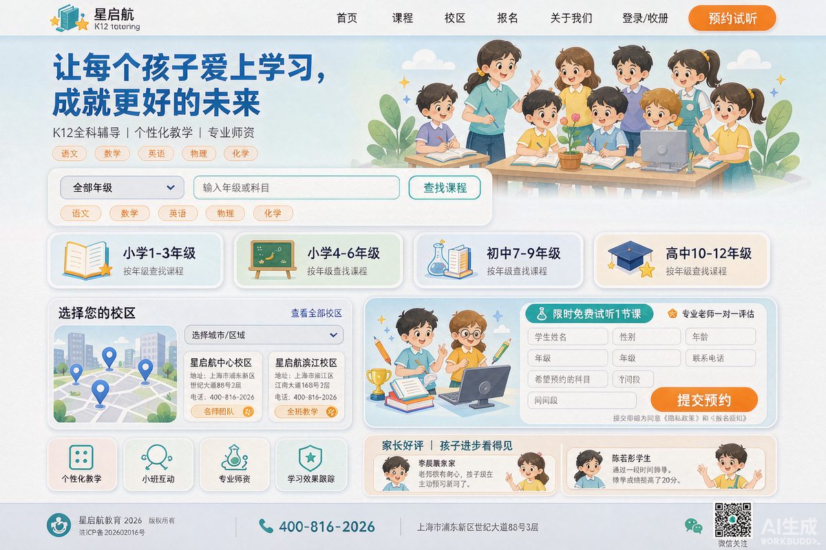 K12 辅导机构站网站效果示意图 — 教育培训行业「亲和 · 成果导向」官网模板