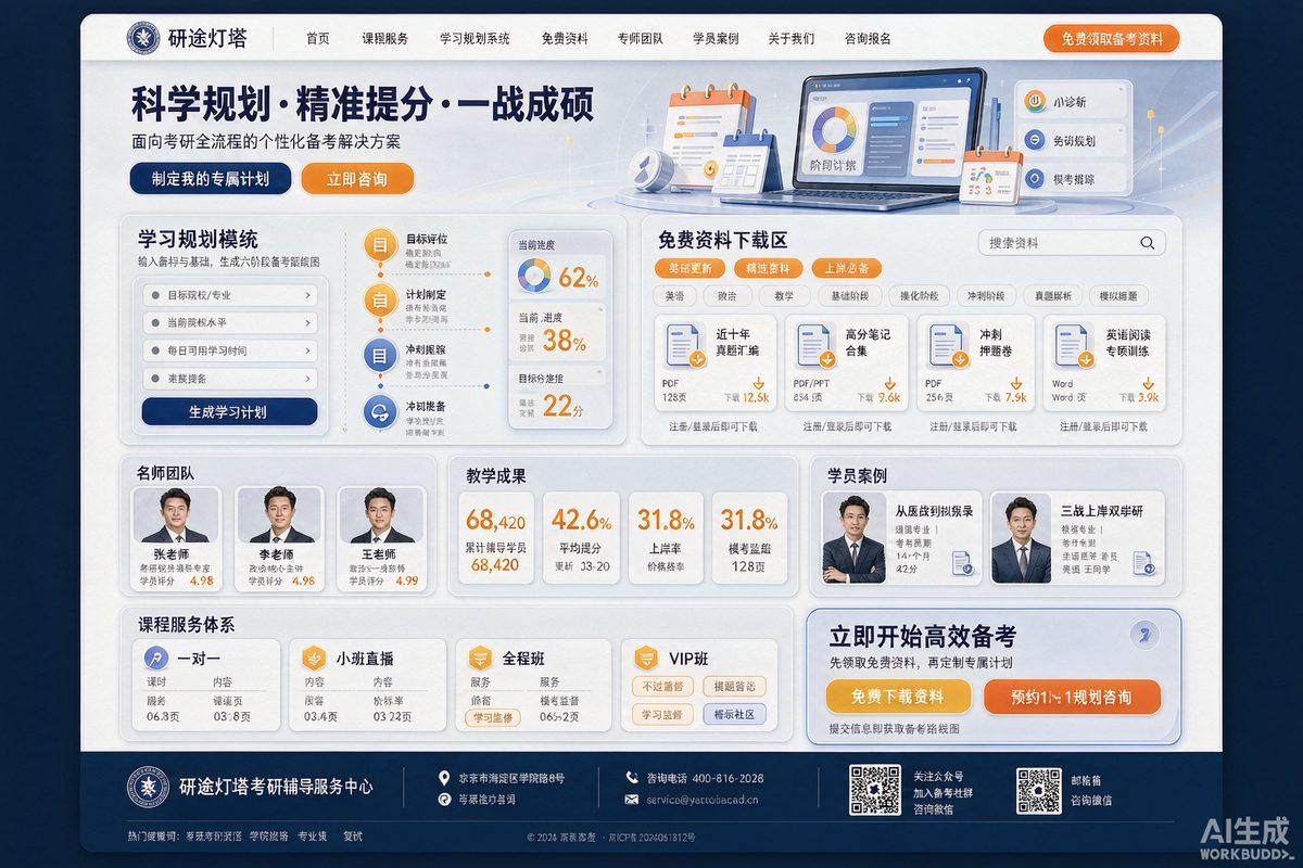 考研辅导品牌站网站效果示意图 — 教育培训行业「信息密集 · 服务化」官网模板