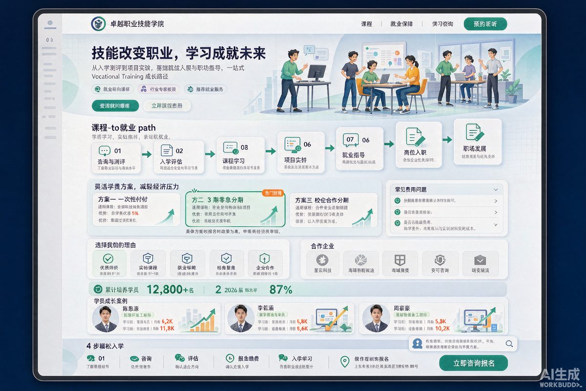 职业技能培训站网站效果示意图 — 教育培训行业「专业 · 就业导向」官网模板