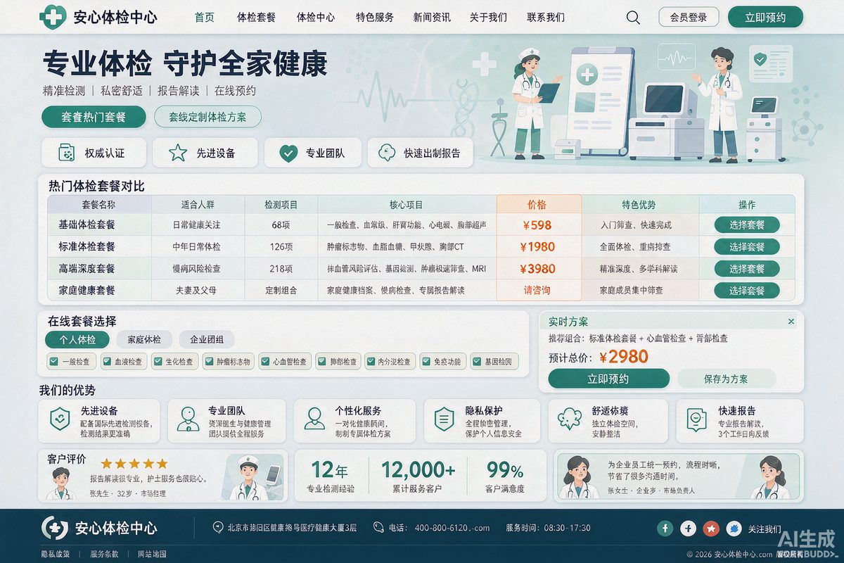 体检机构服务站网站效果示意图 — 医疗健康行业「清晰 · 套餐化」官网模板