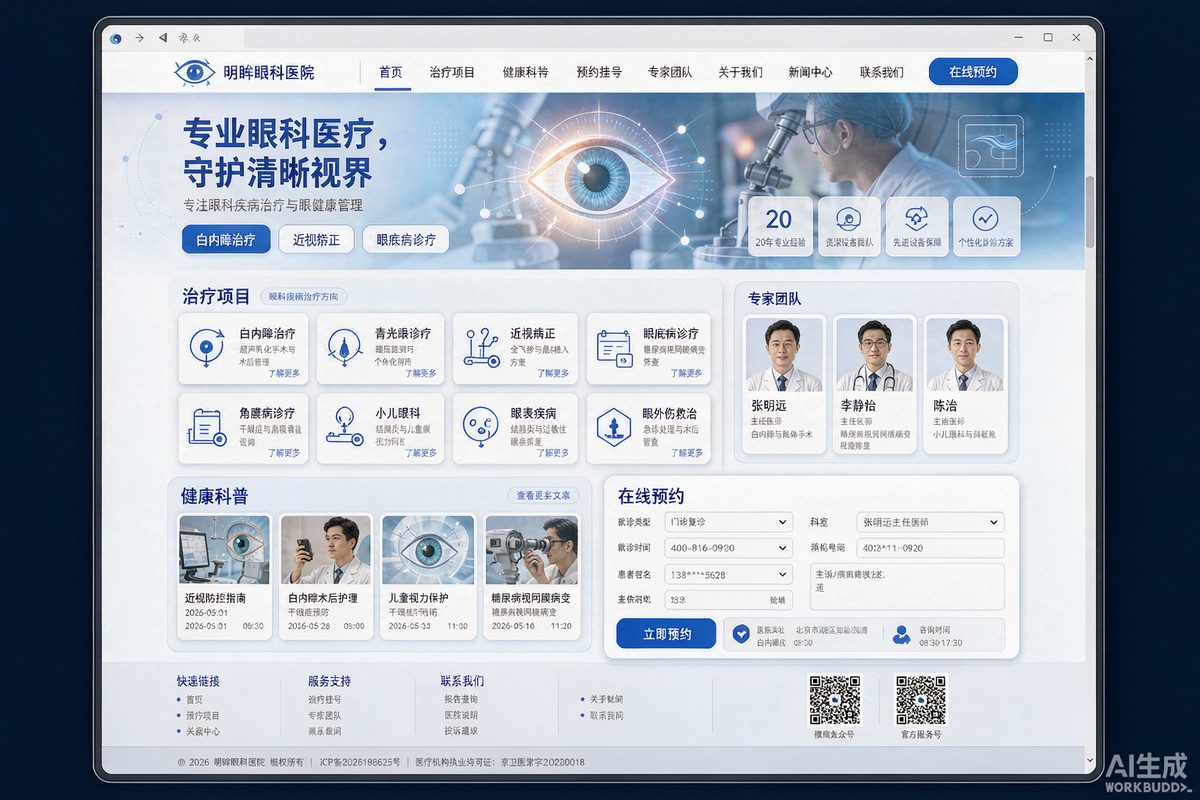 眼科医疗机构站网站效果示意图 — 医疗健康行业「专业 · 科普驱动」官网模板