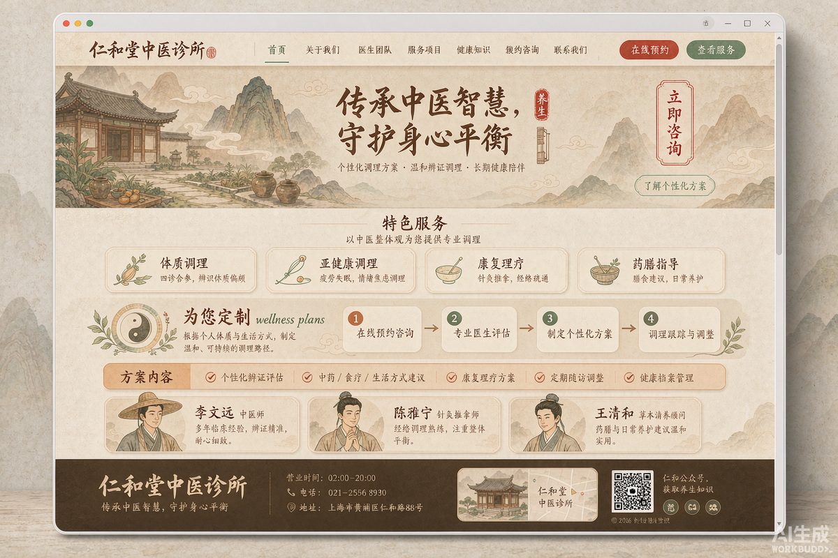 中医馆品牌站网站效果示意图 — 医疗健康行业「国风 · 温和信任」官网模板