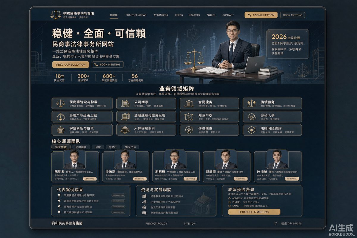 民商事律所官网网站效果示意图 — 法律服务行业「稳重 · 全面」官网模板