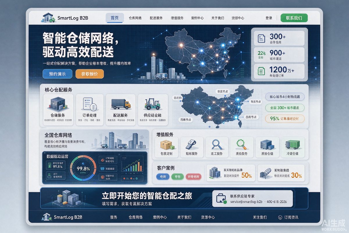 仓配一体服务站网站效果示意图 — 物流仓储行业「B 端 · 数据感」官网模板