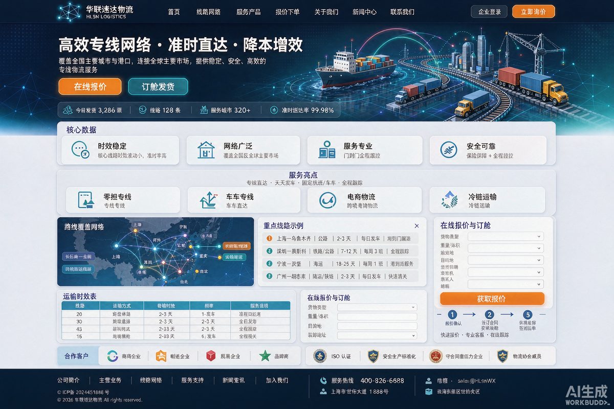专线物流官网网站效果示意图 — 物流仓储行业「高效 · 网络感」官网模板
