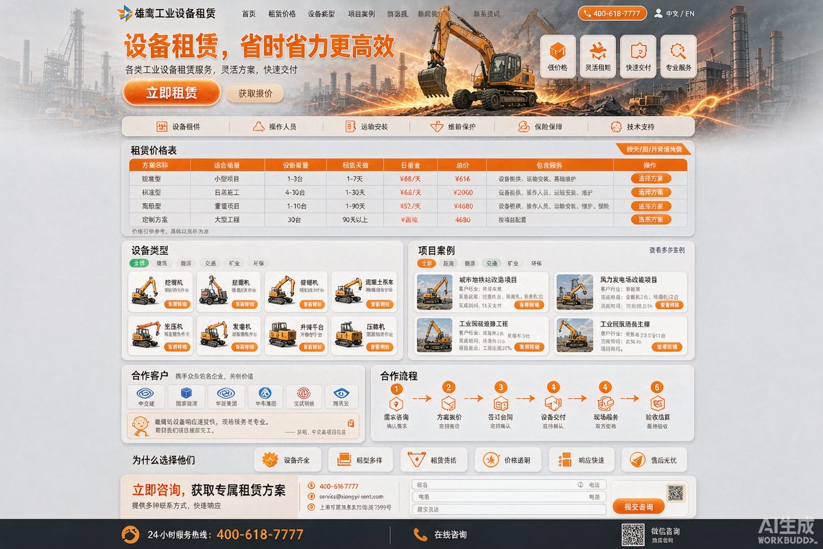 工业设备租赁页网站效果示意图 — 制造业行业「转化 · 强钩子」官网模板