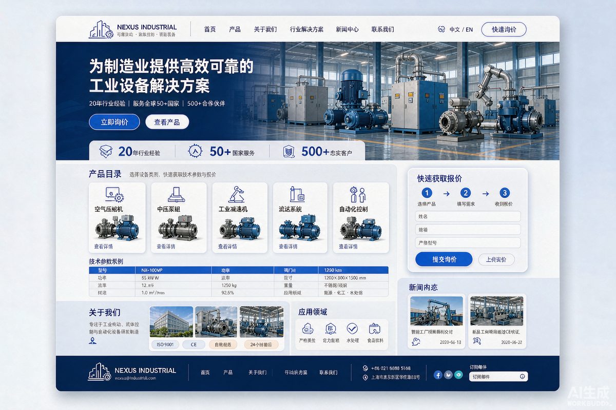 装备制造企业官网网站效果示意图 — 制造业行业「工业蓝 · 参数驱动」官网模板