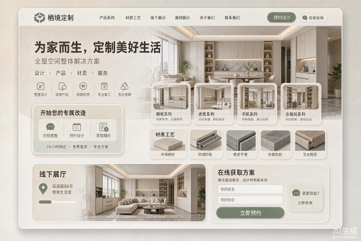 全屋定制品牌站网站效果示意图 — 房产家居行业「现代 · 产品化」官网模板