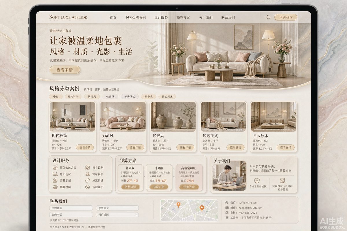软装设计工作室站网站效果示意图 — 房产家居行业「轻奢 · 美学」官网模板