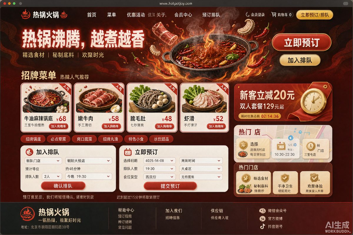火锅连锁官网网站效果示意图 — 餐饮美食行业「热辣 · 活力」官网模板