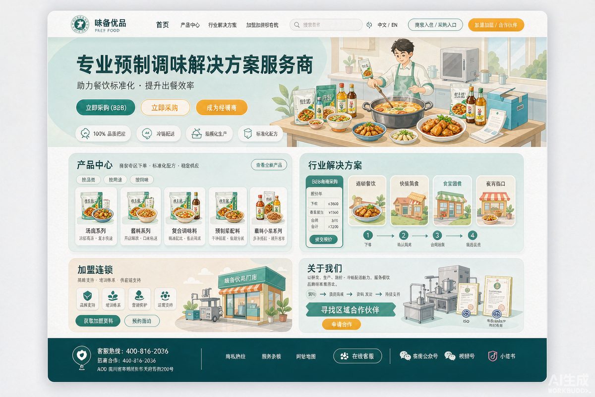 预制菜企业站网站效果示意图 — 餐饮美食行业「电商 · 招商双模」官网模板
